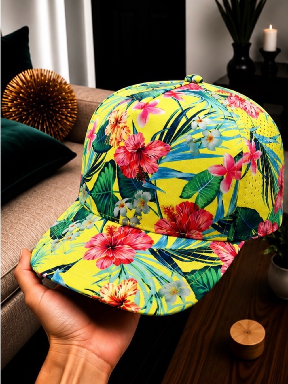 Yellow Tropical Floral Snapback Hat | Hawaiian Beach Flat Bill Cap